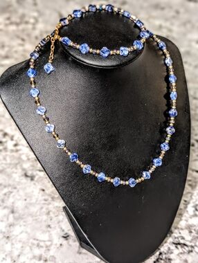 Handmade Sodalite Stones Necklace and Bracelet Set with Golden Accents